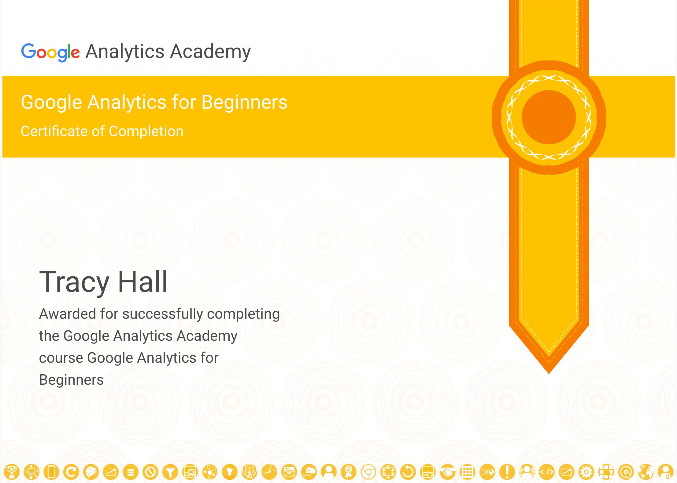Completion Certificate for Google Analytics Beginners Course
